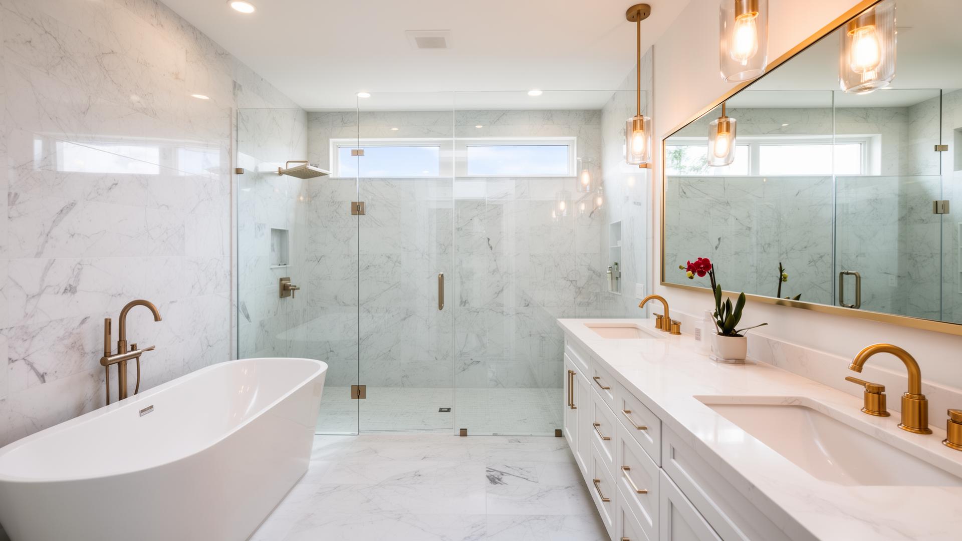 Beautiful luxury remodeled master bathroom with freestanding tub, marble tile, and brass fixtures