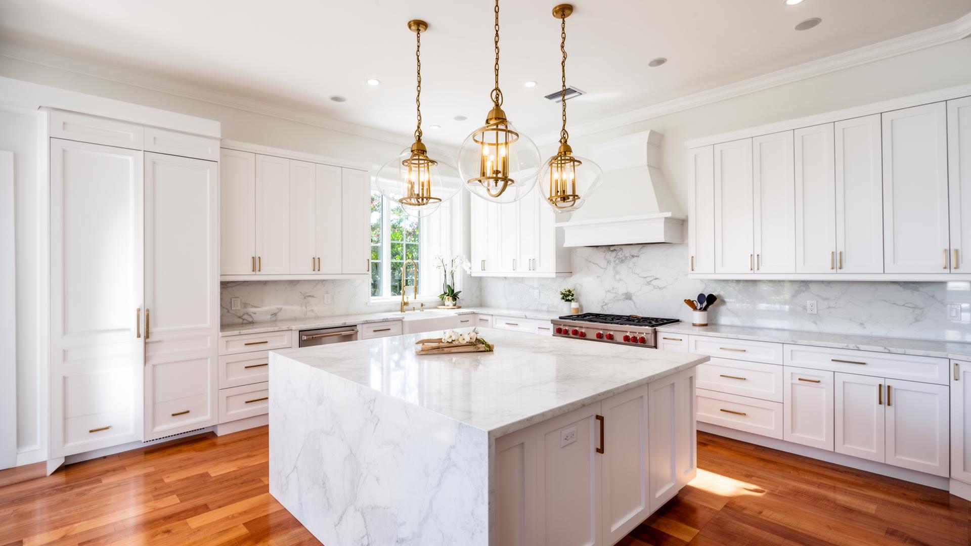 Beautiful luxury remodeled kitchen with white cabinets, marble island, and brass pendant lighting