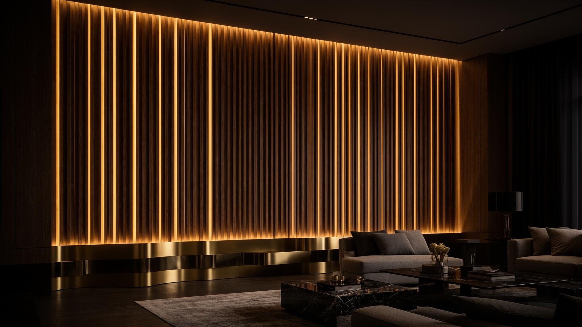 Luxury wood slat wall paneling with integrated LED backlighting in modern South Florida living room