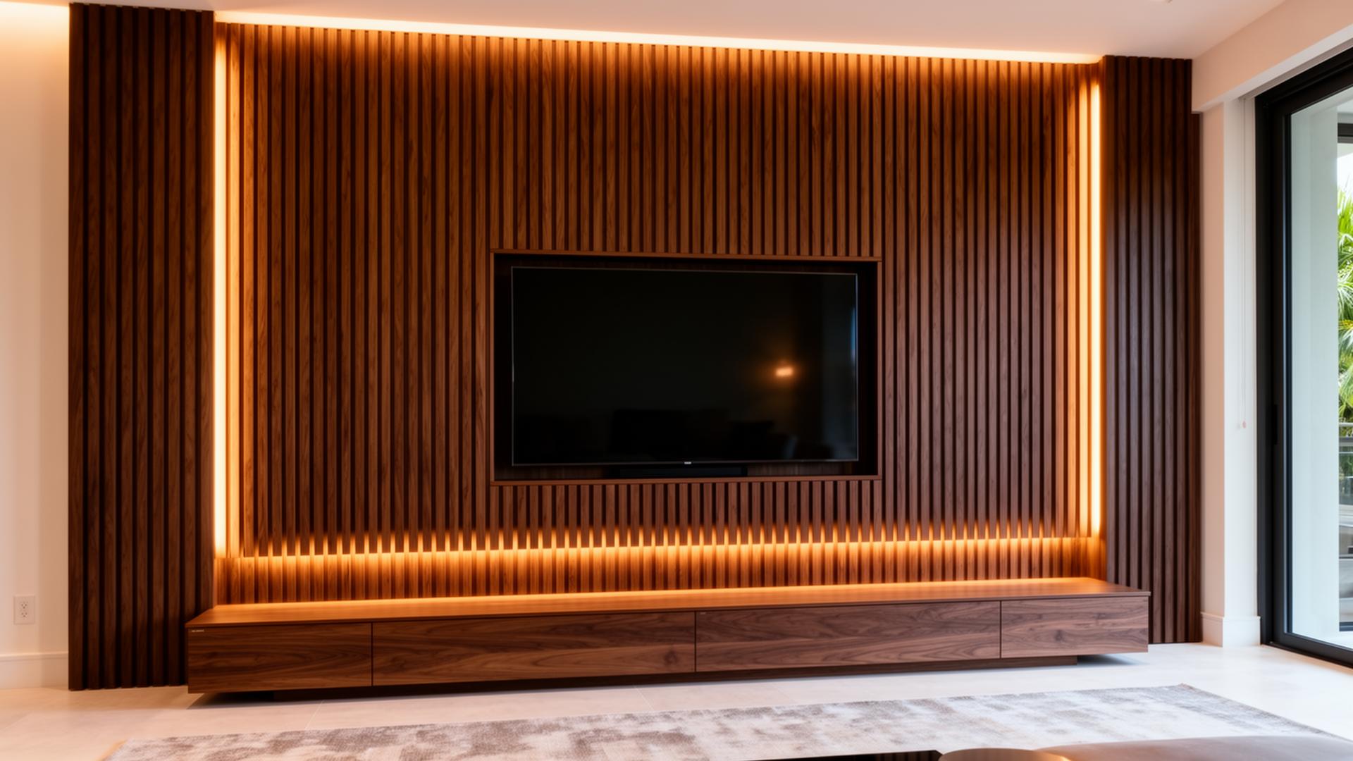 Modern wood slat media wall with integrated lighting in luxury Boca Raton home