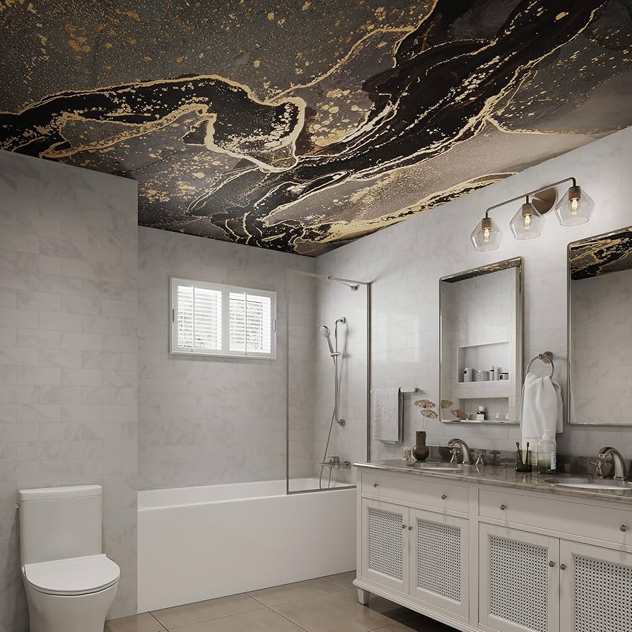 Luxury Coral Gables bathroom with black and gold marble pattern stretch ceiling