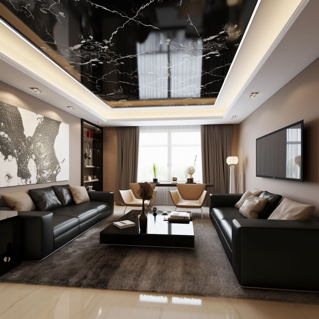 Modern Coral Gables living room with glossy black marble stretch ceiling and recessed lighting