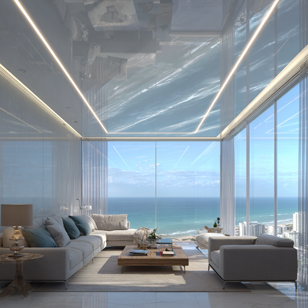 Luxury luminous LED ceiling installation in Coral Gables, Florida showing modern stretch ceiling with integrated lighting